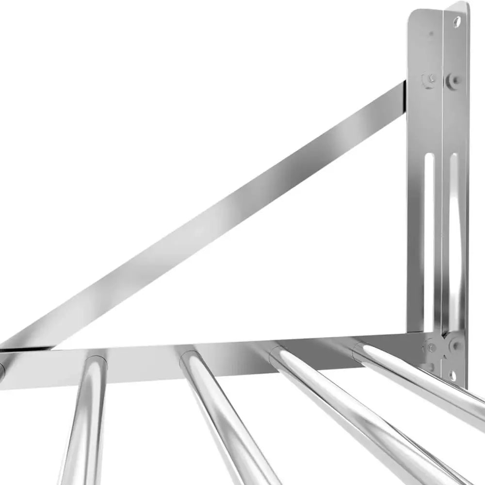 Veggmontert rustfritt stålhylle 120 x 45 cm, nærbilde av stag og monteringsskinne med synlige skruer.