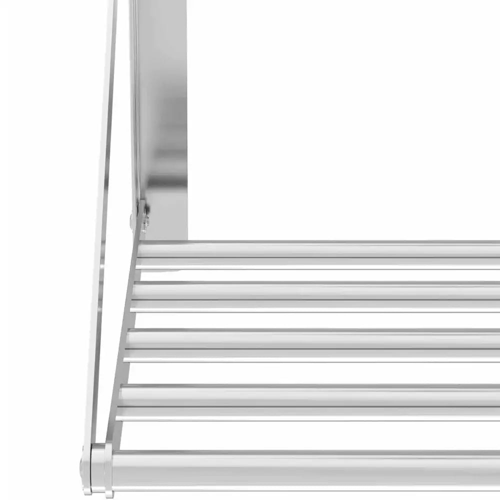 Veggmontert rustfritt stålhylle 120 x 45 cm, sidevisning med parallelle stenger og glatt vertikal støtte.