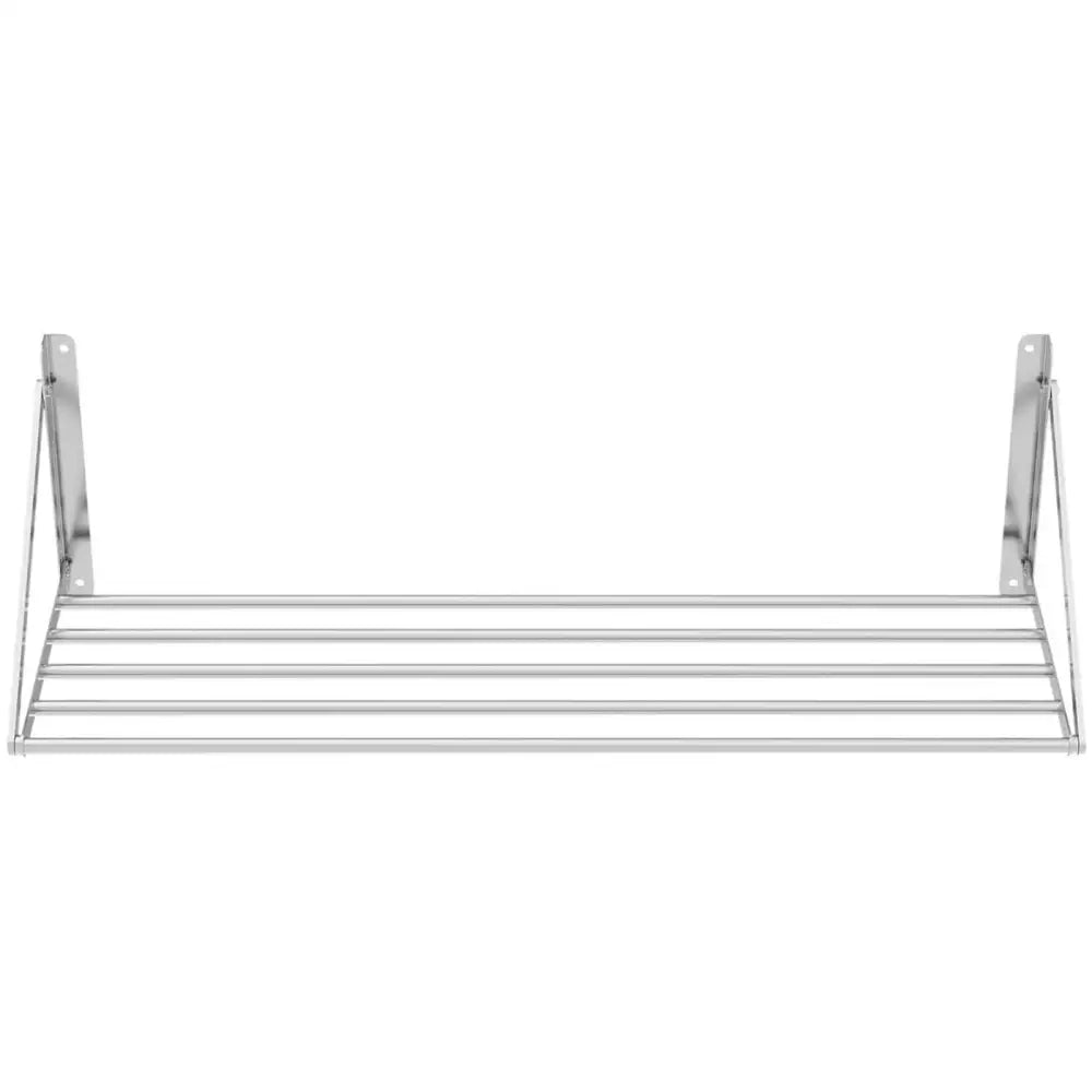 Veggmontert rustfritt stålhylle 120 x 45 cm, frontbilde som viser fem stenger og solide veggfester.