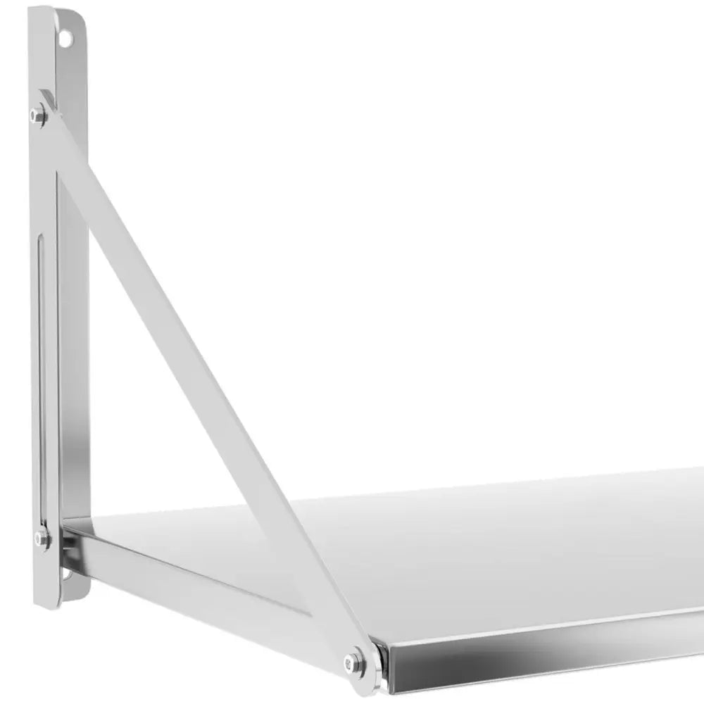 Sammenleggbar rustfri gastronomihylle, sidevisning som fremhever støttebrakett og minimalistisk design.