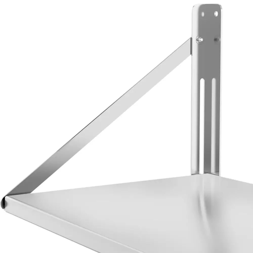 Veggmontert rustfri gastronomihylle, nærbilde av hjørne med synlig støttebrakett og solid veggfeste.