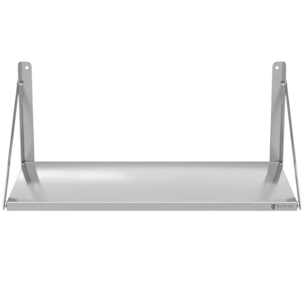 Veggmontert sammenleggbar gastronomihylle i rustfritt stål, frontvisning med støttearmer og skruehull synlige.