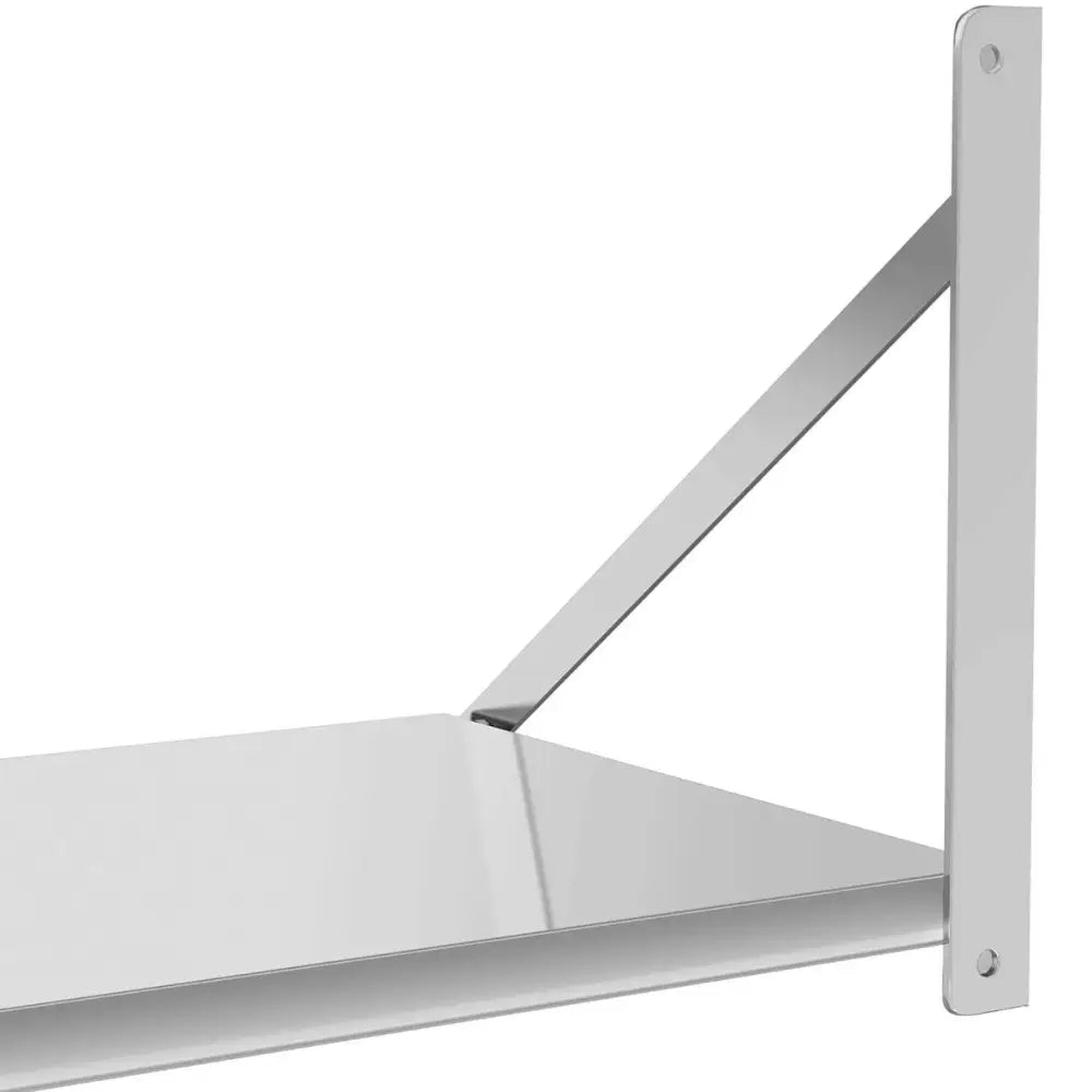 Veggmontert sammenleggbar gastronomihylle, nærbilde av stål hjørne med støttearm og rette linjer.