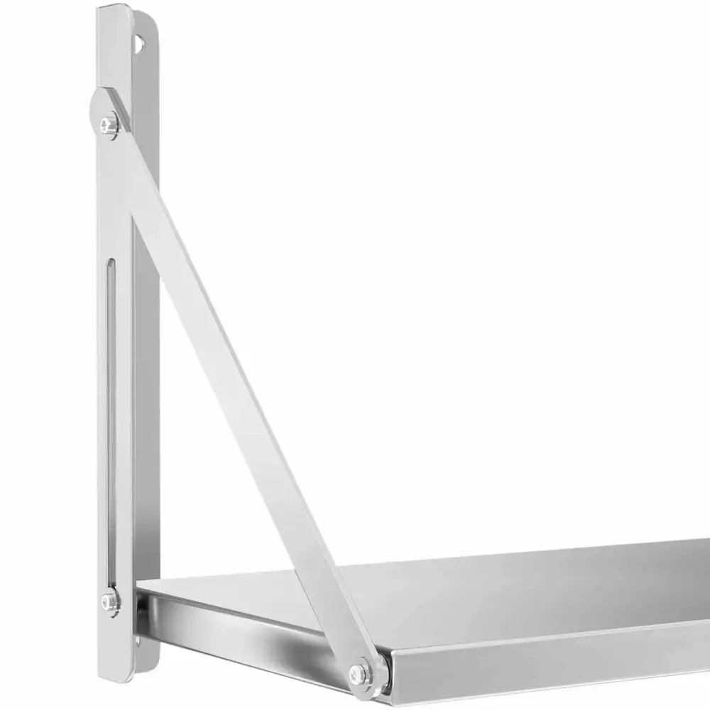 Veggmontert sammenleggbar rustfri gastronomihylle, sidevisning med støttearm og glatt, moderne overflate.