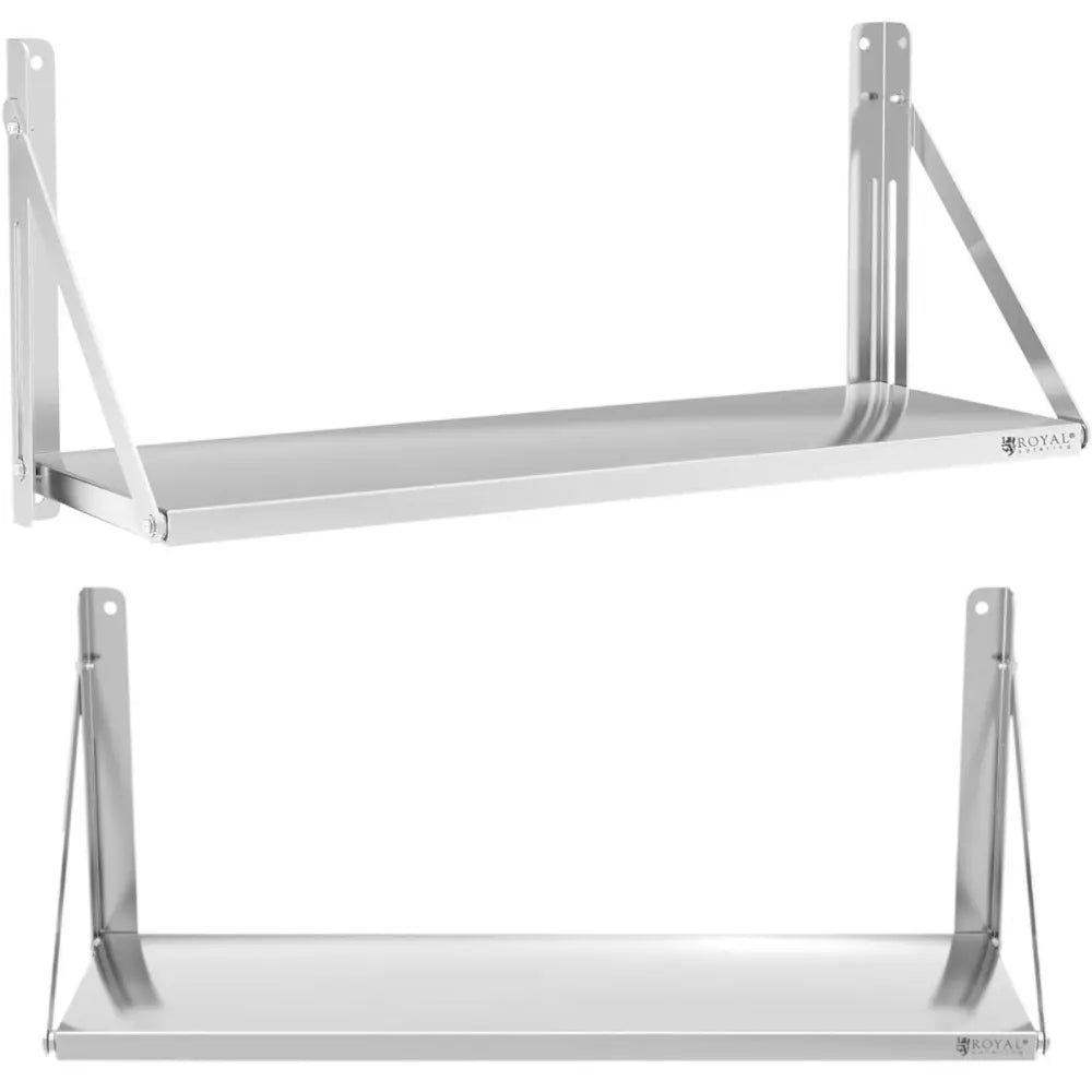 Veggmontert sammenleggbar hylle i rustfritt stål, sett skrått forfra med glatte flater og støttestag.