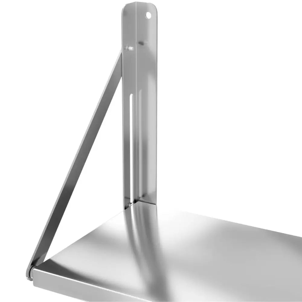 Veggmontert sammenleggbar stål hylle, nærbilde av støttebrakett og blank overflate sett fra siden.