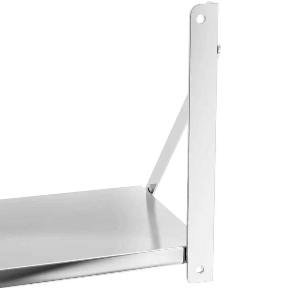 Veggmontert sammenleggbar stål hylle, nærbilde av hjørne med monteringsbeslag og støttearm fra siden.