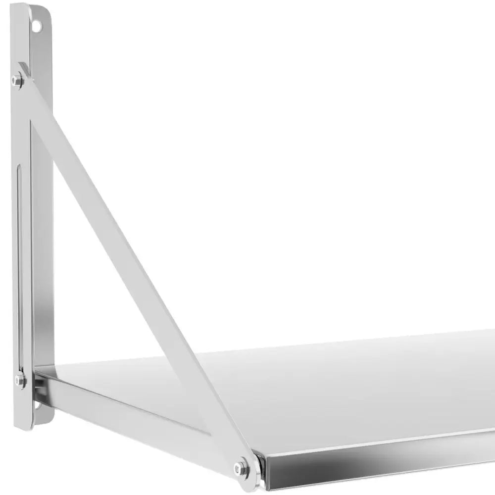 Veggmontert sammenleggbar hylle i rustfritt stål, sidevisning med synlige vinkelstag og støttebeslag.