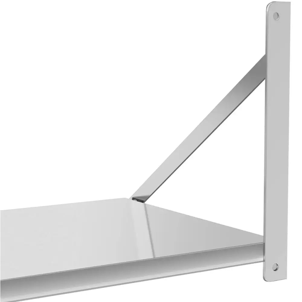 Veggmontert sammenleggbar hylle i rustfritt stål, sidevisning med L-brakett og støttearm, reflekterende finish.