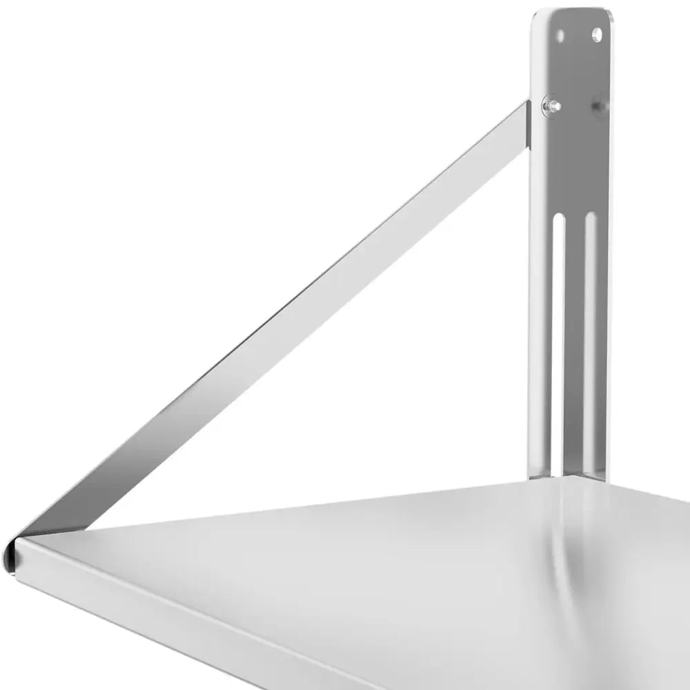 Veggmontert rustfri stål hylle, nærbilde av hjørne med synlig brakett og solide festepunkter.