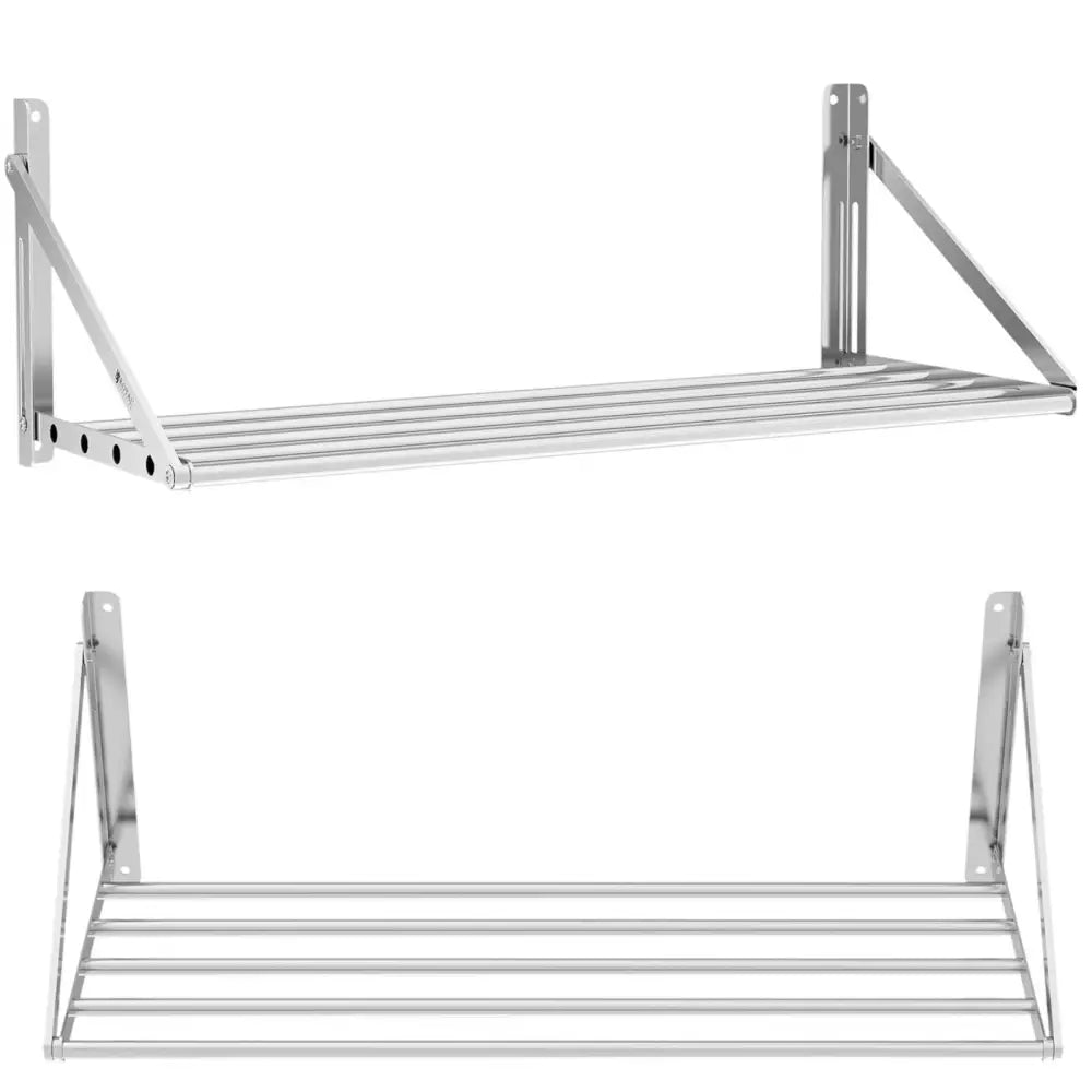 Veggmontert sammenleggbar hylle i rustfritt stål, sett fra skrå og front, med solide stenger og braketter.