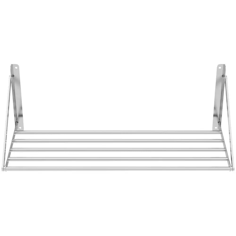 Veggmontert sammenleggbar hylle i rustfritt stål, frontbilde som viser parallelle stenger og rette veggfester.