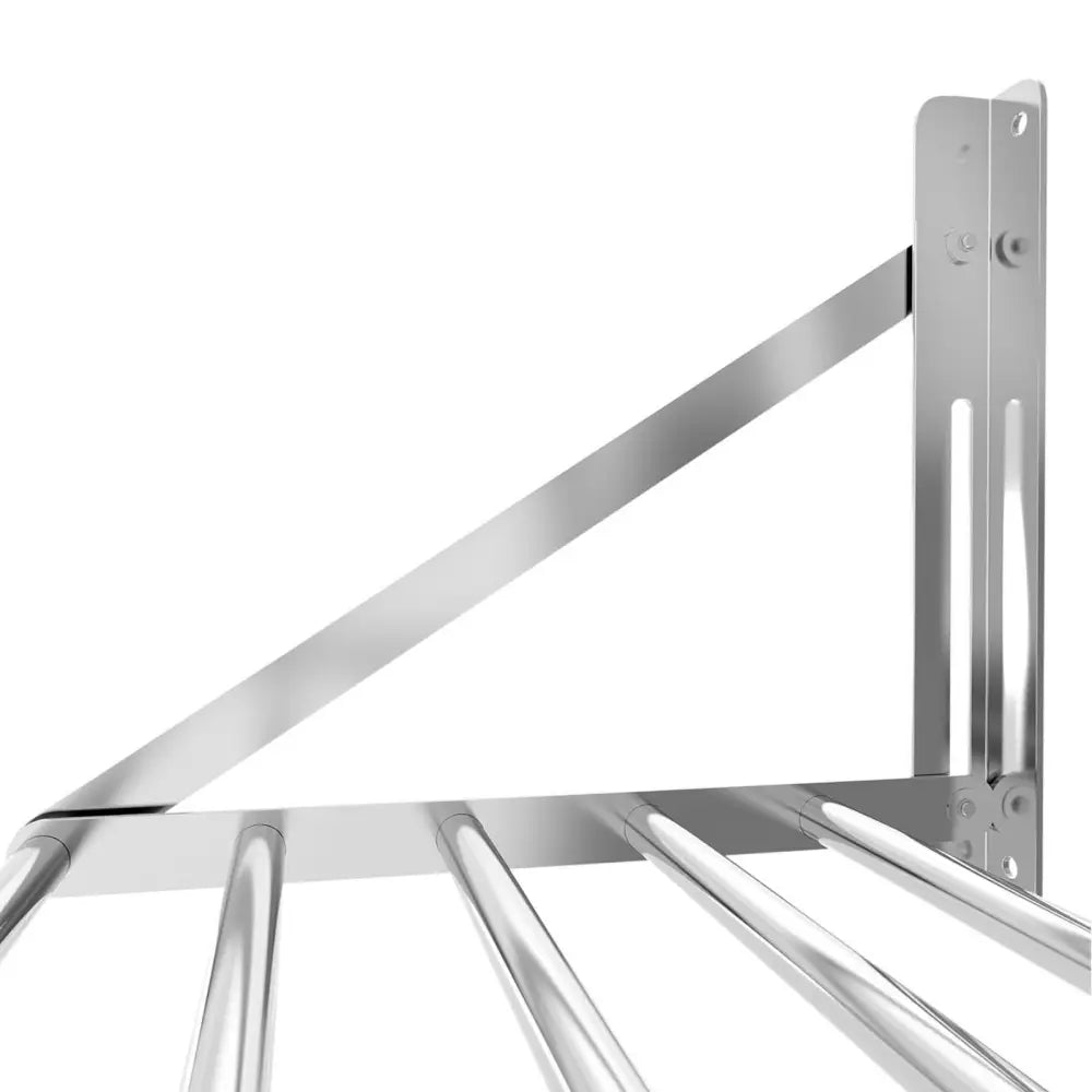 Veggmontert sammenleggbar hylle i rustfritt stål, sidevisning av knekter og runde stenger mot hvit bakgrunn.