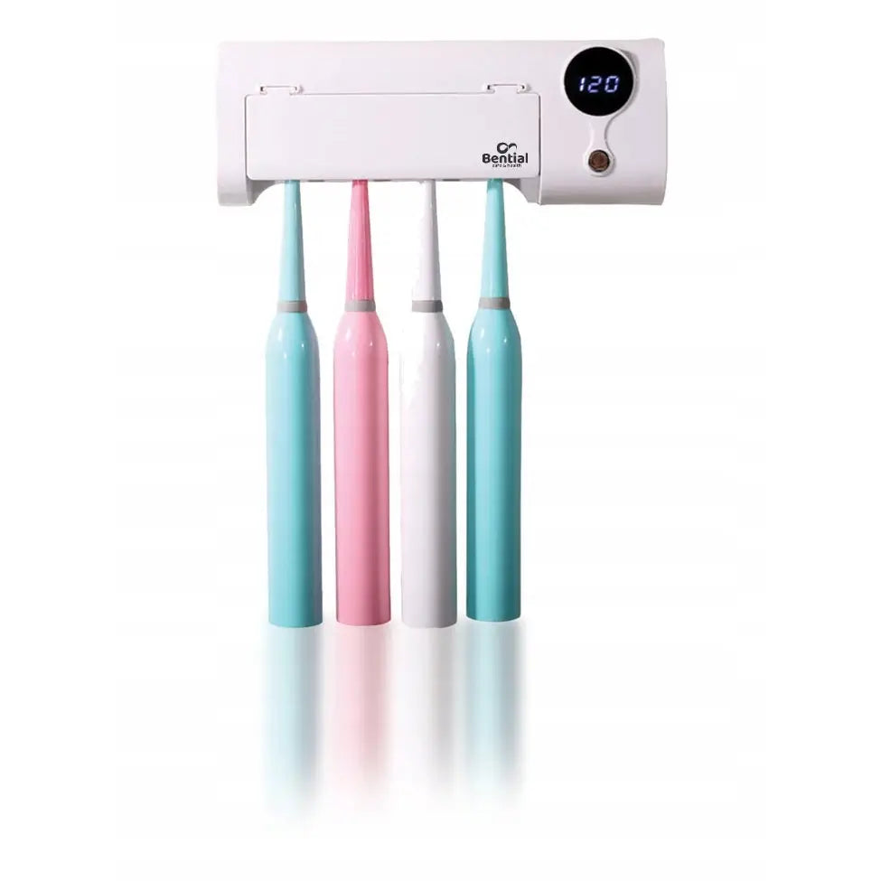 Veggmontert sterilisator tannbørsteholder, plass til fire børster i ulike farger, digitalt display med blått lys.