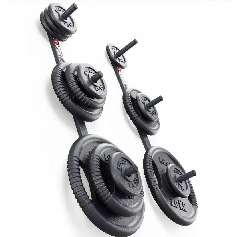 Veggstativ hengestativ for vektskiver, skråvisning med fire svarte stenger og sorterte metallskiver med vektmerking.