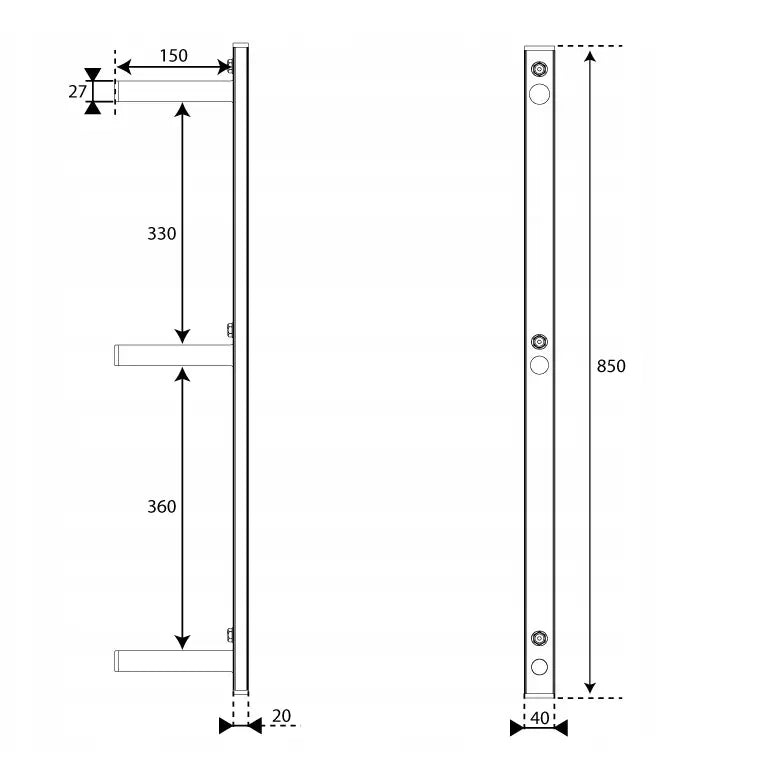 Veggstativ for vektskiver, teknisk tegning som viser stativets mål fra side- og frontperspektiv.