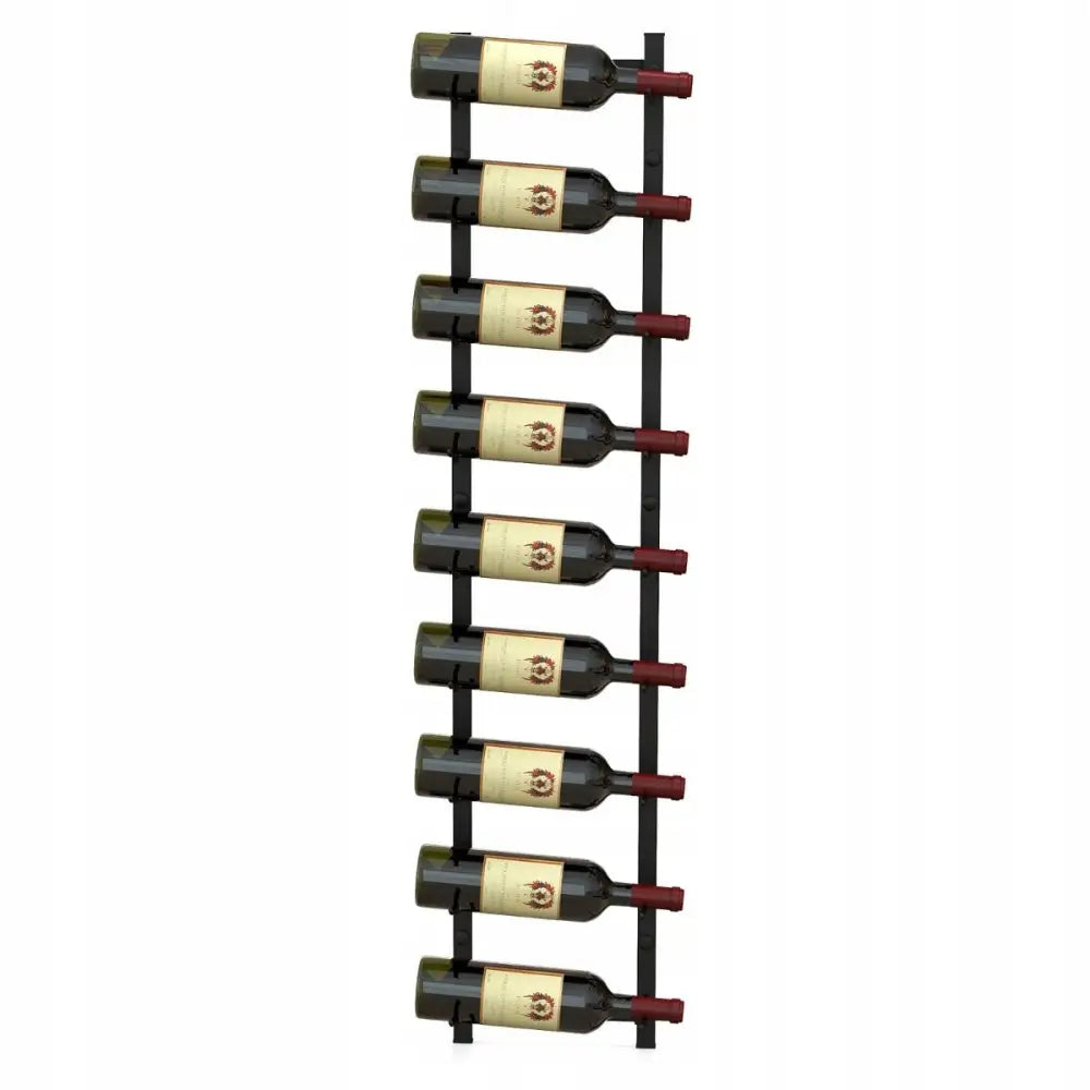 Veggvinholder for 9 flasker i sort metall, frontvisning med ni vinflasker liggende horisontalt mot hvit bakgrunn.