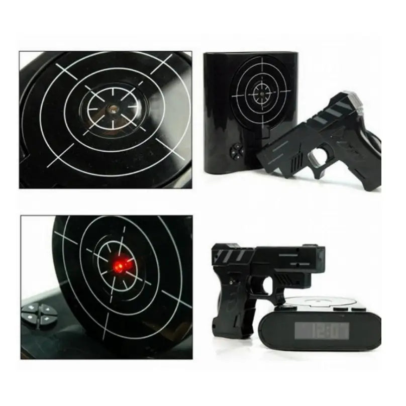 Svart digital vekkerklokke med blinkende rød LED-måltavle og sort lekepistol, detaljert nærbilde av pistol.