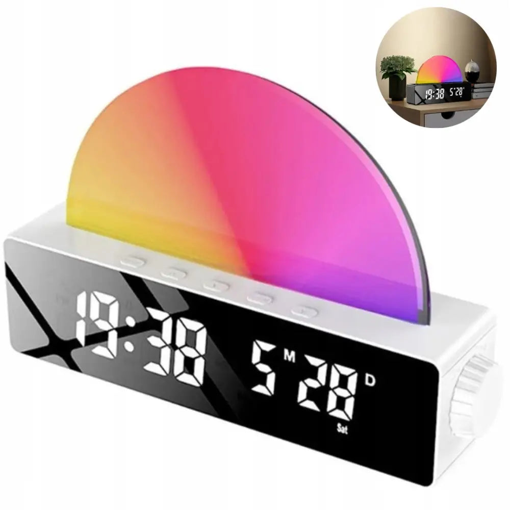 Vekkerklokke med LED-display, halvsirkelformet nattlampe i gult til rosa og knapper på toppen, frontvisning.