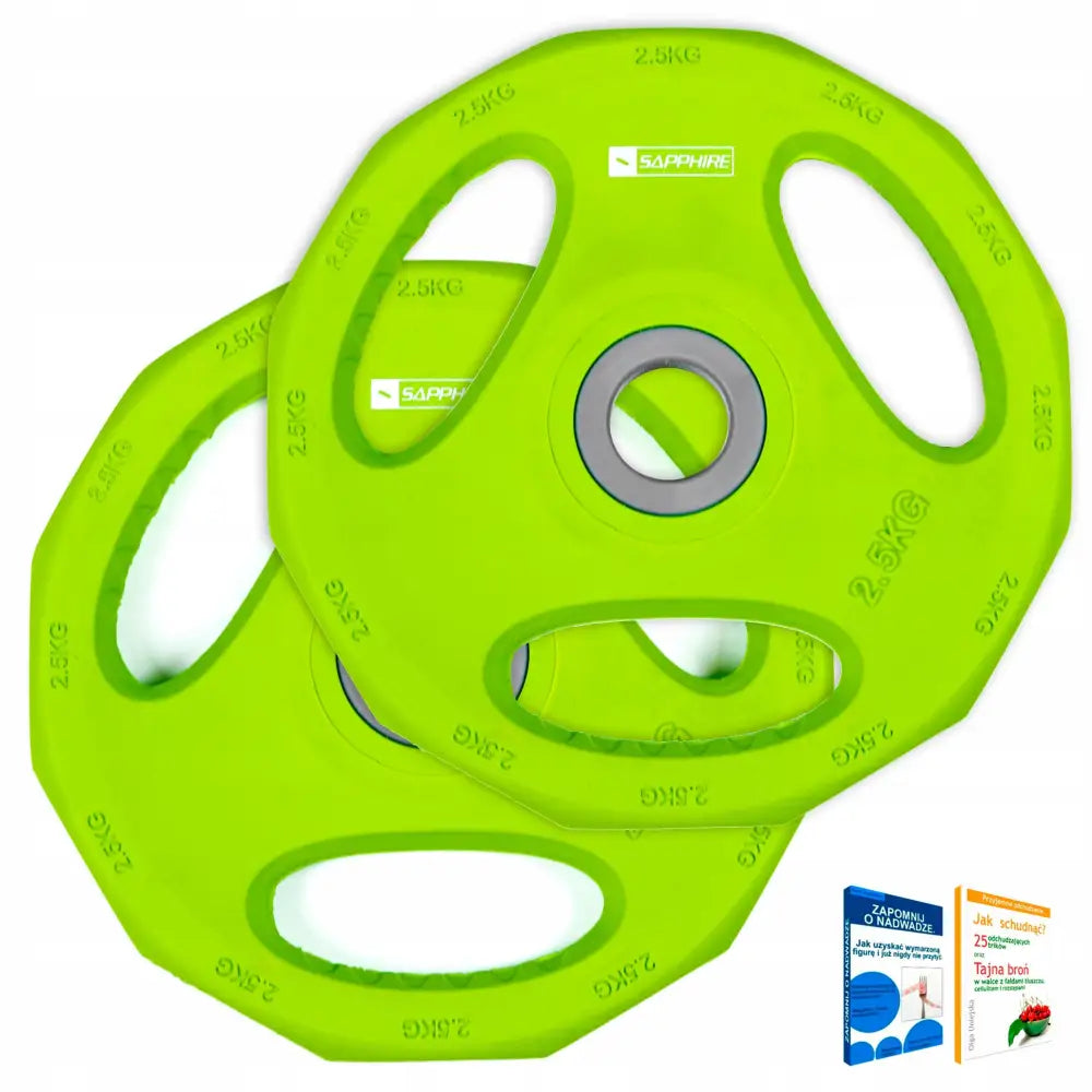 Vektsett 2x2,5kg til Body Barbell, to grønne vektplater med håndtak og metallring sett ovenfra.