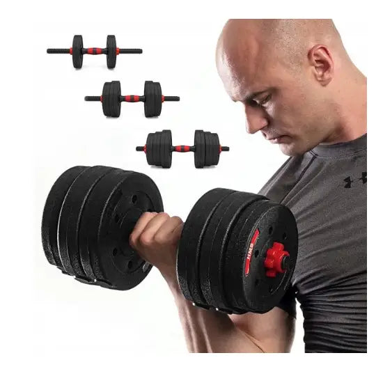Vektsett med stang og hantler, mann løfter svart manual med røde detaljer, sidebilde med tre varianter.