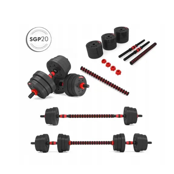 Vektsett med stang og hantler, nærbilde av separate vektskiver, gripehåndtak og skruelåser på hvit bakgrunn.