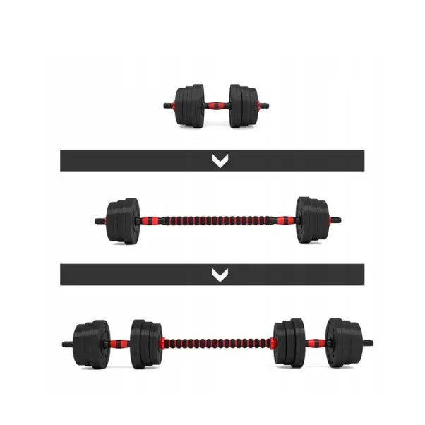 Vektsett med stang og hantler, sidevisning av sort og rød plast med piler som viser konvertering.