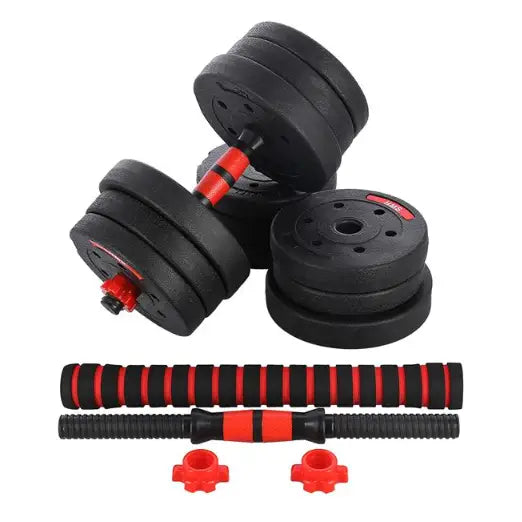 Vektsett med stang og hantler, sett ovenfra, viser to manualer med skumgrep og røde låser på hvit bakgrunn.