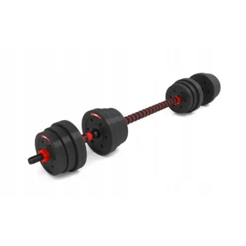 Vektsett med stang og hantler, sidevisning av svarte vektskiver med røde detaljer på hvit bakgrunn.