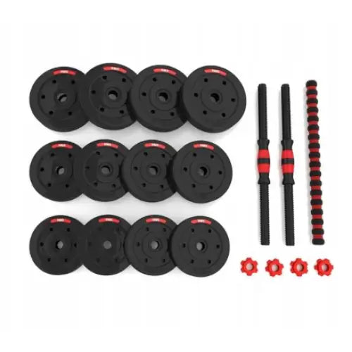 Vektsett med stang og hantler, sett ovenfra med svarte vektplater, røde låser og sammenkoblingsstang.