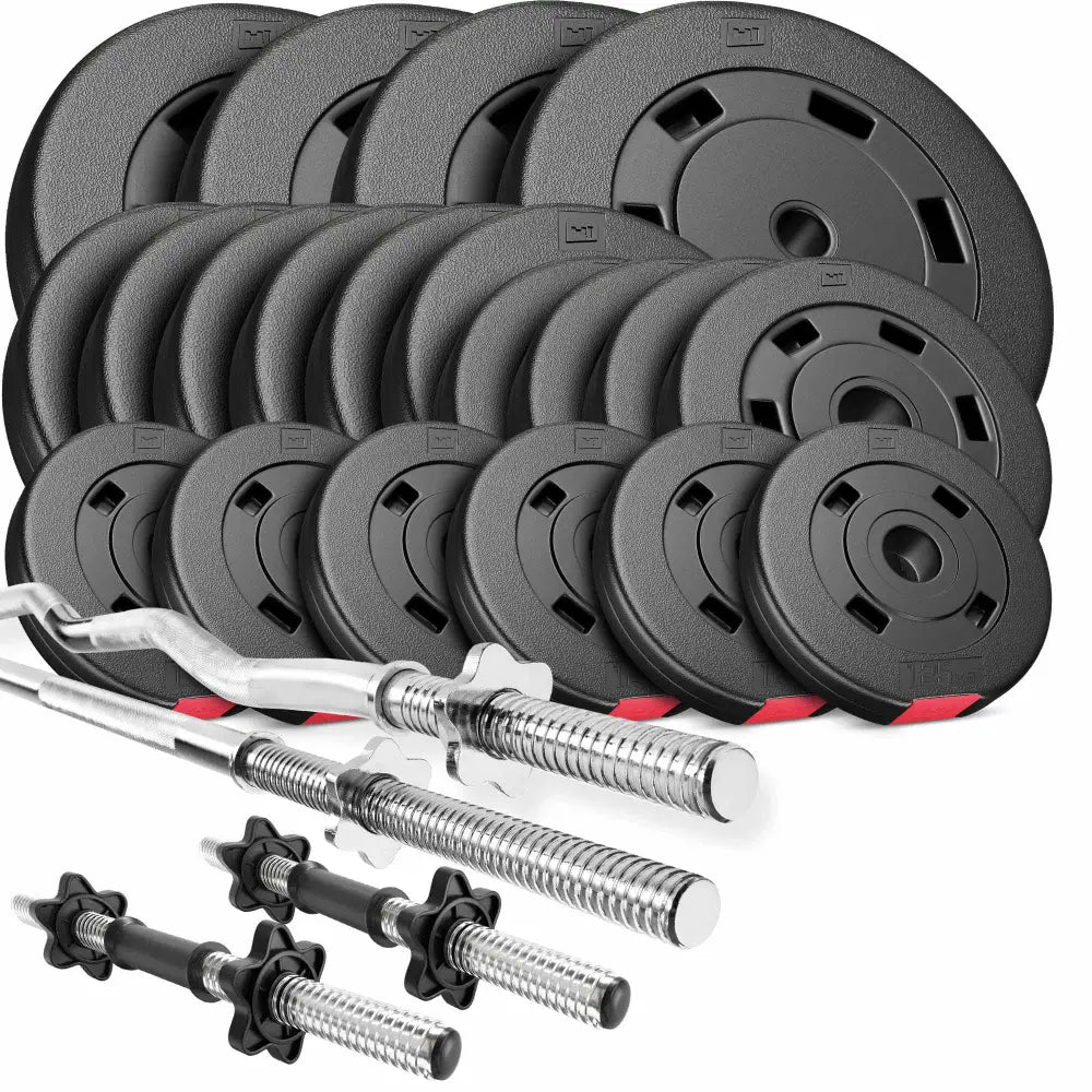 Vektsett 89kg med sorte vektskiver, curlstang og manualstenger arrangert i skrå vinkel.