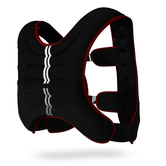 Vektvest 10kg, skrå bakside med røde kanter, hvite refleksstriper og justerbare polstrede stropper.