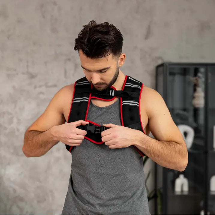 Vektvest 10kg, frontvisning av mann som strammer brystspennen på svart vest med røde kanter innendørs.