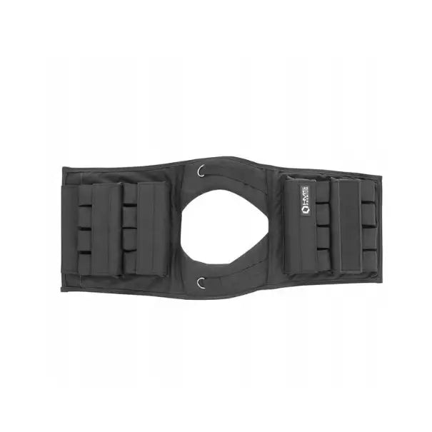 Vektvest 16kg sett ovenfra, viser polstrede lommer, sentrert hull, markerte sømmer og metallringer på midten.