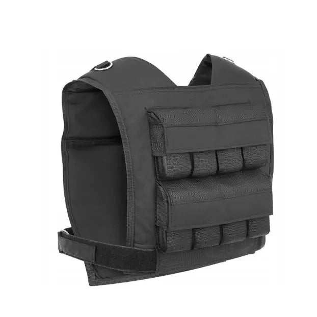 Vektvest 16kg i svart nylon, detaljert visning av borrelåser og horisontale lommer på fronten.