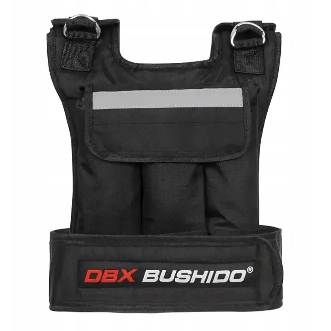 Vektvest 20kg, sort modell sett forfra med refleksstripe, metallringer og tydelig rød-hvit logo nederst.