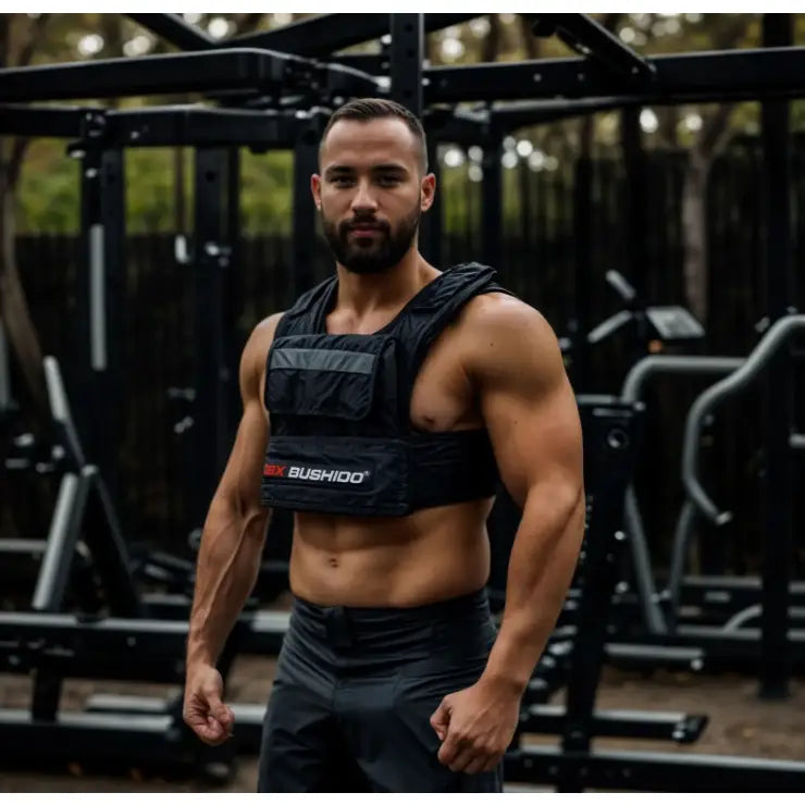 Vektvest 20kg i svart nylon, bæres av mann utendørs, med synlig logo og ekstra polstring på skuldrene.