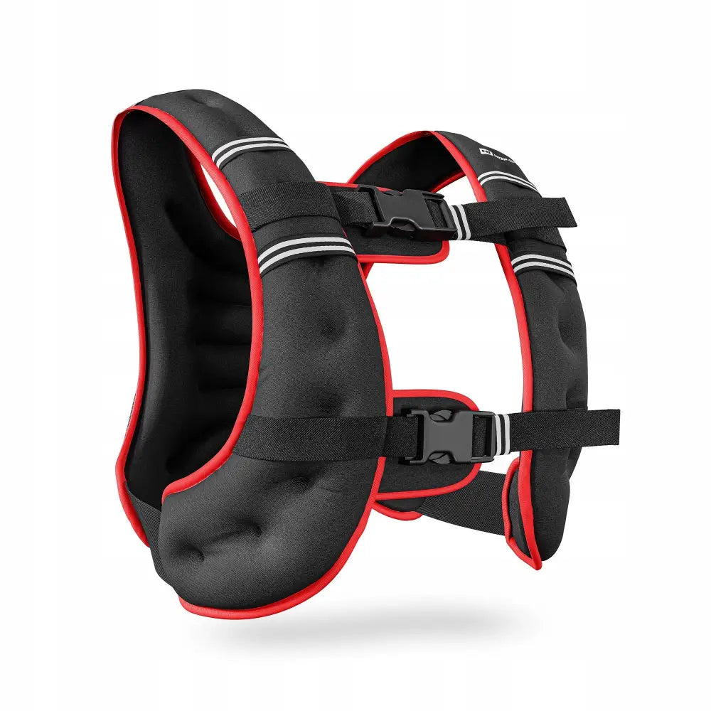 Vektvest 10kg, svart med røde kanter, skrå vinkel som viser polstring, justerbare stropper og reflekser.