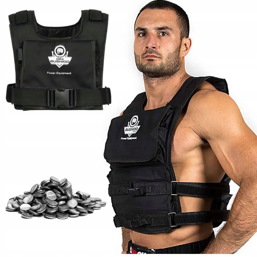 Vektvest Trening Bushido i svart stoff, justerbare stropper, logo og metallvekter foran, vist på modell.