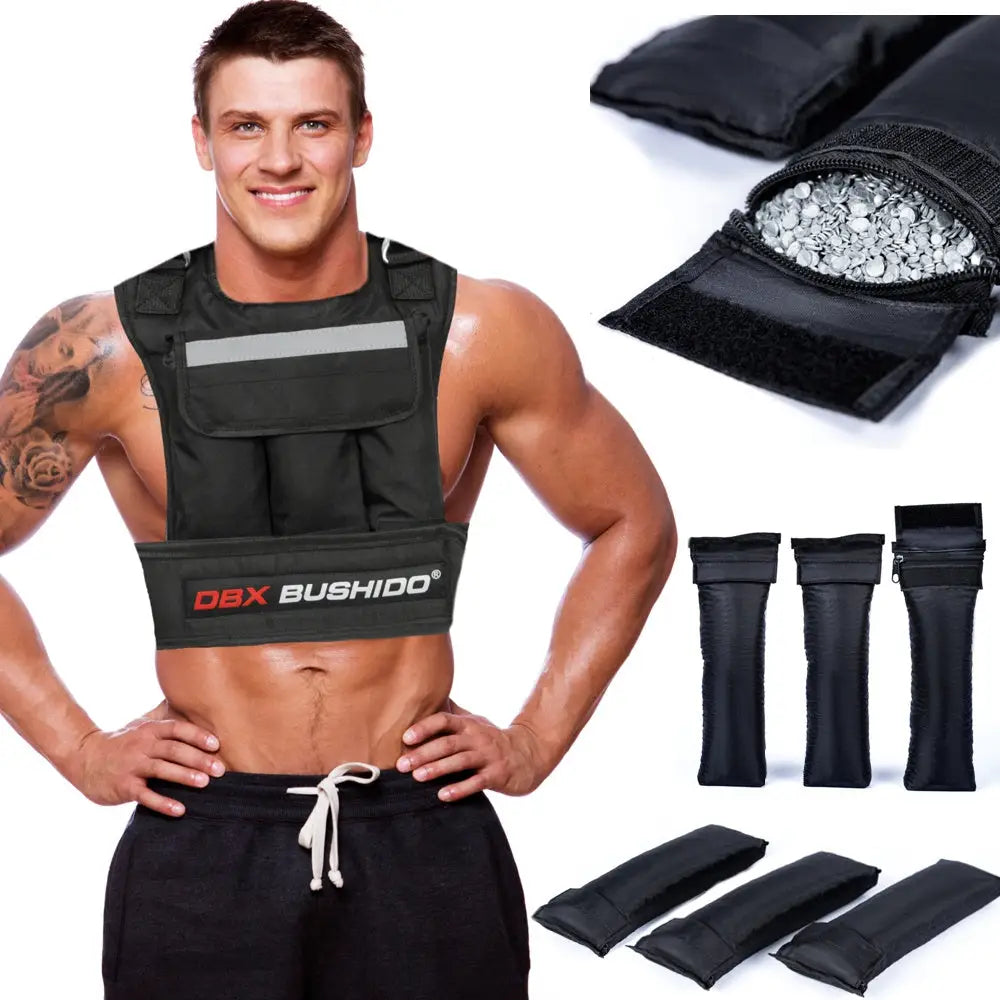 Vektvest 20kg på atletisk person, nærbilde av refleksdetalj, logo og utbyttbare metallvektposer.