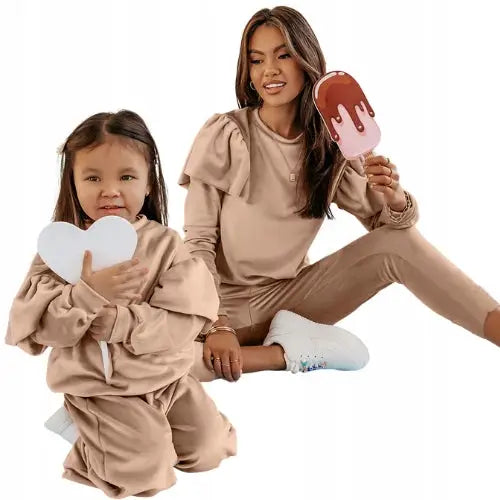 Velur Joggedress Sett for Mor og Barn Beige 128/134