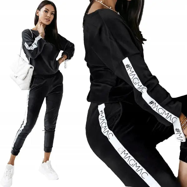 Velur Joggedress Sett med Bukser og Hettegenser Svart