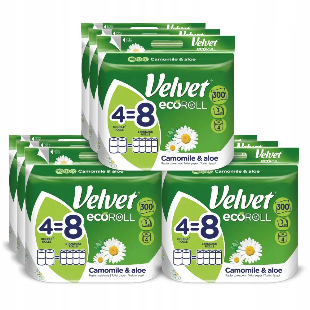 Velvet toalettpapir Ecoroll Kamille i grønn og hvit pakke, frontvisning med kamilleblomst og produktinfo.