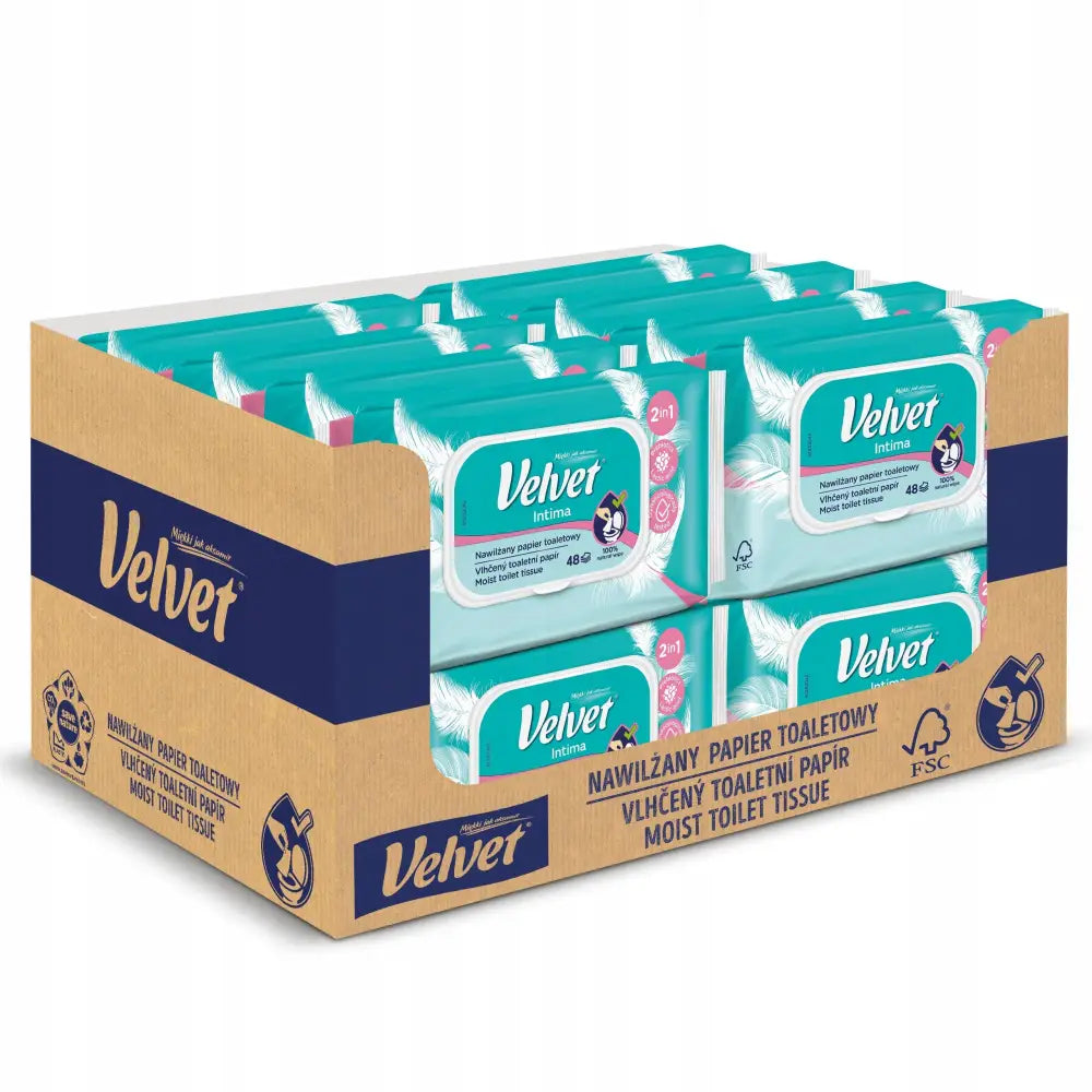 Velvet fuktet intima toalettpapir 16 stk, eske med turkise og hvite pakker sett skrått forfra.
