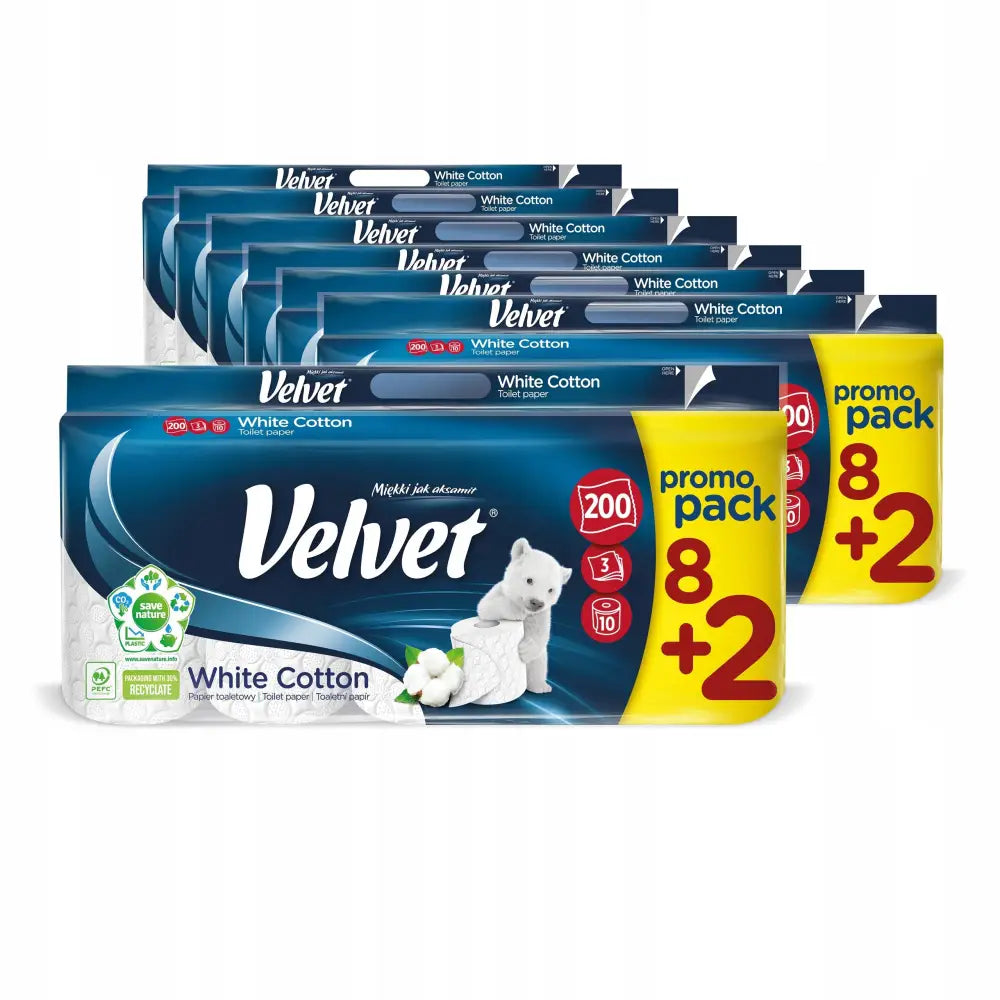 Velvet Toalettpapir White Cotton, promo-pack med 10 ruller i blå og gul emballasje med bjørn.