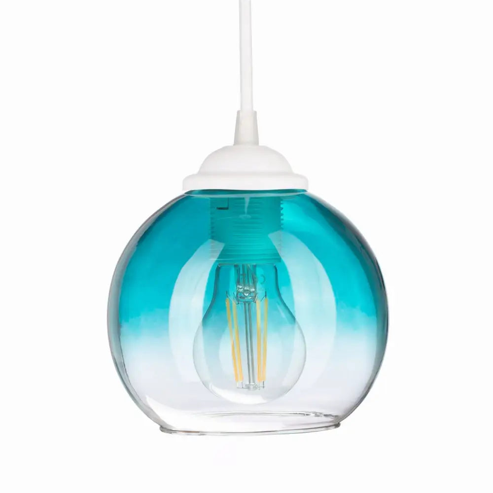 Venus blå liten kule hengelampe, frontvisning med turkis glass og synlig lyspære i midten.