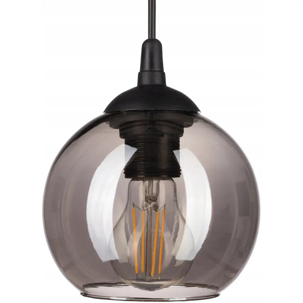 Venus grå liten kule hengelampe med røkfarget glasskuppel og synlig lyspære, sett rett forfra.