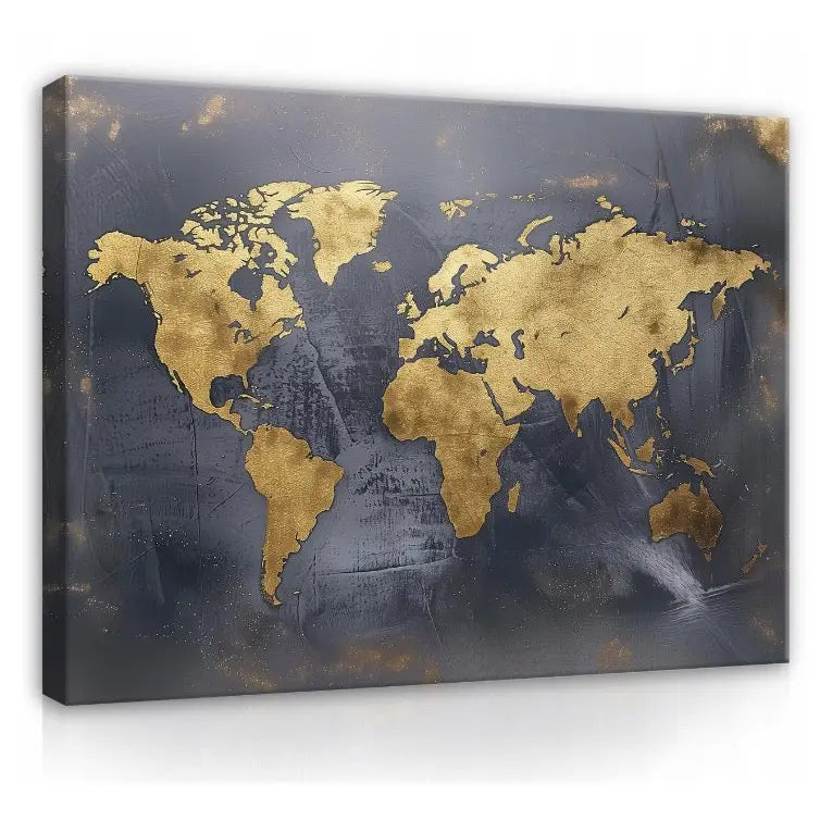 Verdenskart lerretsbilde med gullfarget motiv på mørk, teksturert bakgrunn, metalliske detaljer synlige.