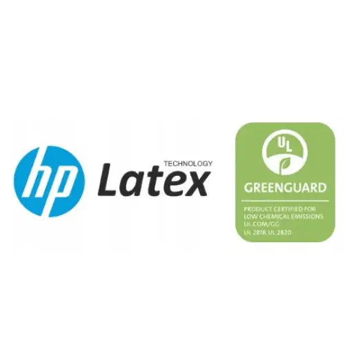 To logoer for hp Latex og GREENGUARD-sertifisering, fremhever trykk- og miljøvennlige egenskaper.