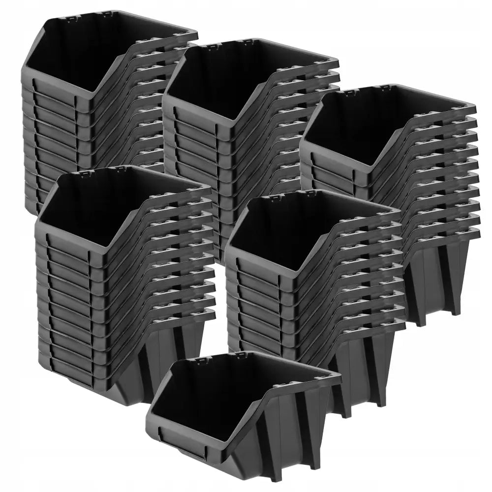 Verkstedboks oppbevaringscontainer, fem svarte plastbokser stablet med åpen front og synlig stablefunksjon.